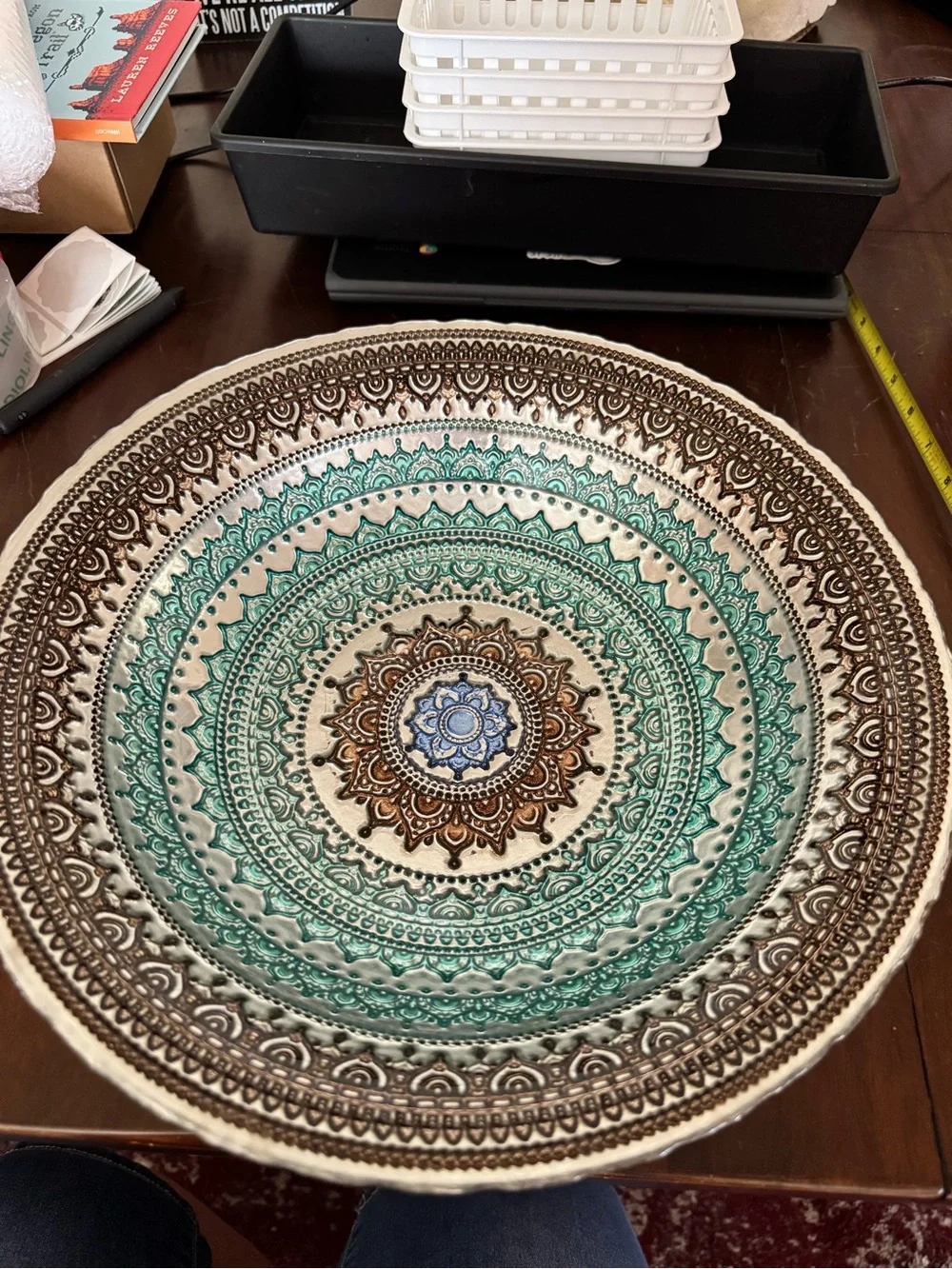 Intricate Teal and Brown Mandala Decorative Glass Bowl - Callout